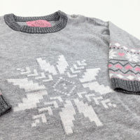 Glittery Snowflake Grey & Pink Knitted Christmas Dress - Girls 12-18 Months