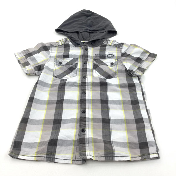 Black, Yellow & White Checked Cotton Shirt with Jersey Hood - Boys 9-10 Years