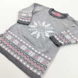 Glittery Snowflake Grey & Pink Knitted Christmas Dress - Girls 12-18 Months