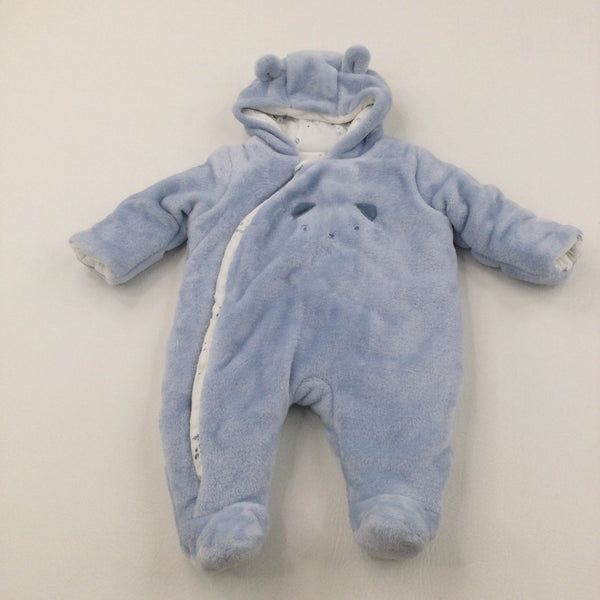 Bear Face Embroidered Lined Blue Velour Pramsuit with Hood & Ears - Boys 1-3 Months