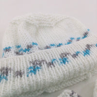 White, Grey & Blue Handknitted Hat & Mittens Set - Boys/Girls 0-3 Months