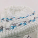 White, Grey & Blue Handknitted Hat & Mittens Set - Boys/Girls 0-3 Months