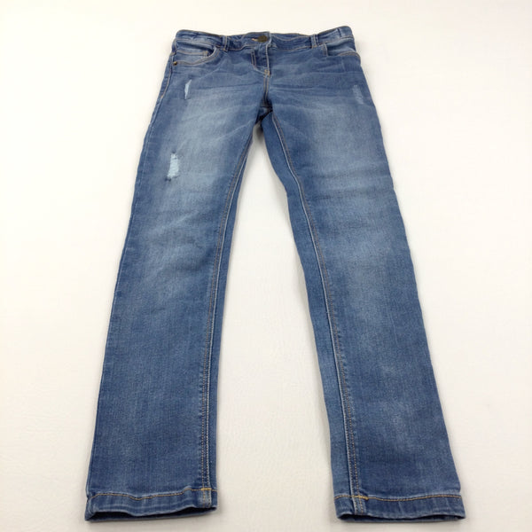 Distressed Mid Blue Denim Jeans with Adjustable Waistband - Girls 10 Years