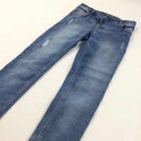 Distressed Mid Blue Denim Jeans with Adjustable Waistband - Girls 10 Years