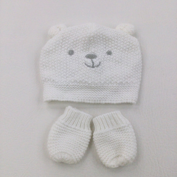 Bear Face White Knitted Hat & Mittens Set - Boys/Girls 0-3 Months