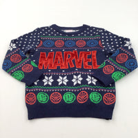 'Marvel' Appliqued Superheroes Navy Knitted Christmas Jumper - Boys 5-6 Years