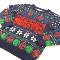 'Marvel' Appliqued Superheroes Navy Knitted Christmas Jumper - Boys 5-6 Years