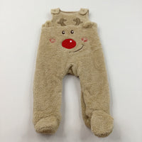 Rudolph Reindeer Appliqued Light Brown Fleece Romper with Enclosed Feet - Boys/Girls 6-9 Months