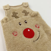 Rudolph Reindeer Appliqued Light Brown Fleece Romper with Enclosed Feet - Boys/Girls 6-9 Months