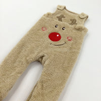 Rudolph Reindeer Appliqued Light Brown Fleece Romper with Enclosed Feet - Boys/Girls 6-9 Months