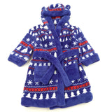 Christmas Trees & Snowflakes Blue & Red Fluffy Dressing Gown with Hood & Ears - Boys 6-9 Months