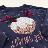 'Looking Pud' Sequins Christmas Pudding Navy Sweatshirt - Girls 5 Years