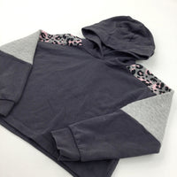 Animal Print Sleeves Grey Cropped Hoodie Sweatshirt - Girls 10 Years