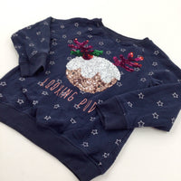 'Looking Pud' Sequins Christmas Pudding Navy Sweatshirt - Girls 5 Years