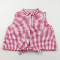 Pink & White Checked Tie Front Cotton Blouse - Girls 9-10 Years