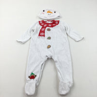 Snowman White Towelling Babygrow/Lightweight Christmas Pramsuit with Hat - Boys/Girls 6-9 Months