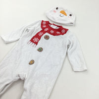 Snowman White Towelling Babygrow/Lightweight Christmas Pramsuit with Hat - Boys/Girls 6-9 Months