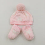 Stars Pink & White Knitted Hat & Mittens Set - Girls 0-3 Months