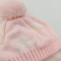 Stars Pink & White Knitted Hat & Mittens Set - Girls 0-3 Months