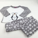 'Snow Kisses' Penguin Embroidered Grey & White Fleece Christmas Pyjamas - Girls 13 Years