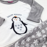 'Snow Kisses' Penguin Embroidered Grey & White Fleece Christmas Pyjamas - Girls 13 Years