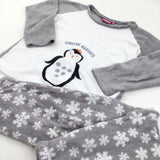 'Snow Kisses' Penguin Embroidered Grey & White Fleece Christmas Pyjamas - Girls 13 Years