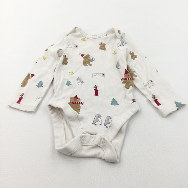 Teddies, Penguins & Christmas Trees Cream Long Sleeve Bodysuit - Boys/Girls 6-9 Months