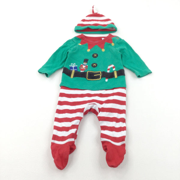 Christmas Elf Green, Red & White Babygrow - Boys/Girls 0-3 Months