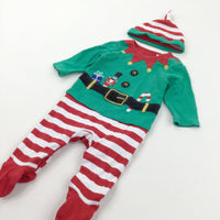 Christmas Elf Green, Red & White Babygrow - Boys/Girls 0-3 Months