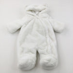 White Thick Fluffy Fleece Pramsuit with Hood & Ears - Boys/Girls 0-3 Months