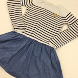 White & Navy Stripe Top Denim Look Skirt Dress - Girls 12 Years