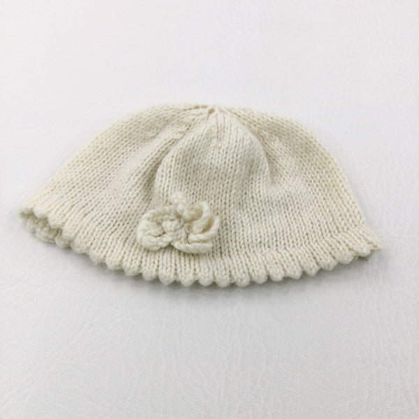 Flower Appliqued Cream Knitted Hat - Girls 0-3 Months