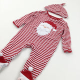 Father Christmas Appliqued Red & White Striped Babygrow & Hat Set - Boys/Girls 6-9 Months