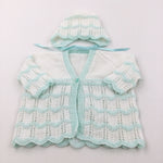 Pale Blue/Green & White Handknitted Cardigan & Hat with Ribbon Straps Set - Girls 0-3 Months