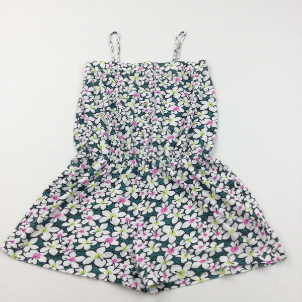 Flowers White, Green & Pink Jersey Playsuit - Girls 10-11 Years