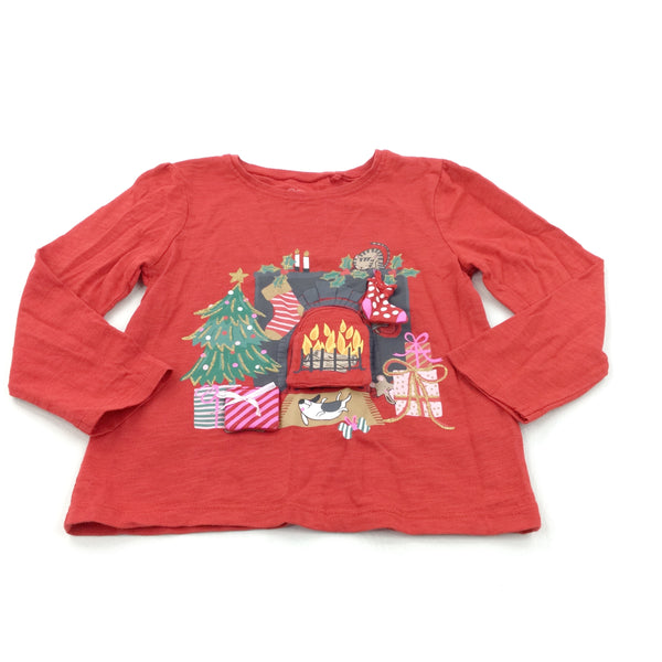 Christmas Fireplace Lifting Flap Red Long Sleeve Top - Boys/Girls 3-4 Years