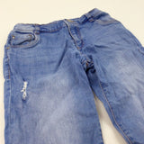 Distressed Blue Denim Jeans with Adjustable Waistband - Girls 10-11 Years