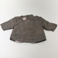 Flowers Embroidered Khaki Green Lined Cotton Jacket - Girls 3-6 Months