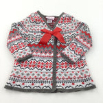 Patterned Red, Grey & White Knitted Christmas Cardigan with Bow - Girls 24 Months