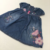 Butterflies & Flowers Embroidered & Appliqued Mid Blue Lightweight Denim Dress - Girls 3-6 Months