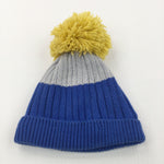 Blue, Grey & Yellow Knitted Bobble Hat - Boys 3-6 Months