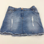 Diamontes Distressed Mid Blue Denim Skirt with Adjustable Waistband - Girls 10-11 Years