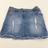 Diamontes Distressed Mid Blue Denim Skirt with Adjustable Waistband - Girls 10-11 Years