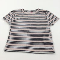 Ribbed Pale Pink, Black & White Striped Cropped T-Shirt - Girls 10-12 Years