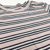 Ribbed Pale Pink, Black & White Striped Cropped T-Shirt - Girls 10-12 Years