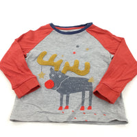 Rudolph Reindeer Appliqued Red & Grey Long Sleeve Christmas Top - Boys 18-24 Months