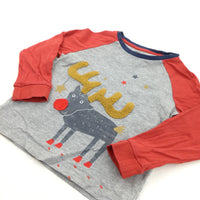 Rudolph Reindeer Appliqued Red & Grey Long Sleeve Christmas Top - Boys 18-24 Months