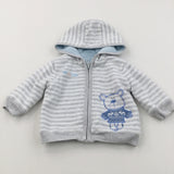 'Little Winter Friends' Bear Embroidered Grey & White Striped Fleece Lined Knitted Zip Up Hoodie Jumper - Boys 3-6 Months