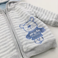 'Little Winter Friends' Bear Embroidered Grey & White Striped Fleece Lined Knitted Zip Up Hoodie Jumper - Boys 3-6 Months