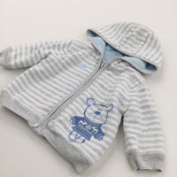 'Little Winter Friends' Bear Embroidered Grey & White Striped Fleece Lined Knitted Zip Up Hoodie Jumper - Boys 3-6 Months